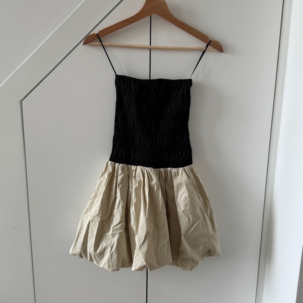 DISSH | Black Strapless Drop Waist Mini Dress with Cream Skirt
